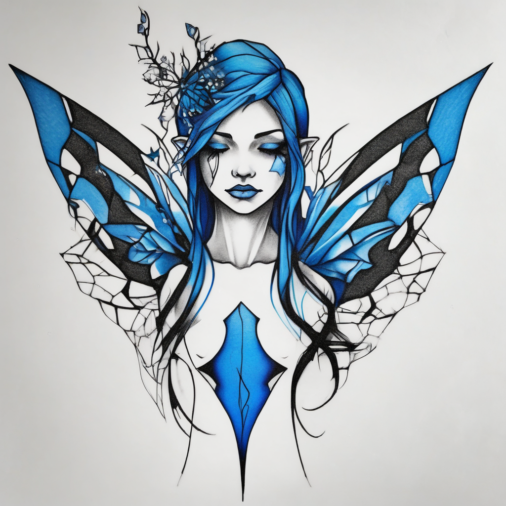 A minimalist fairy tattoo that represents a shattered and betrayed gemini woman who fought hard throughout this year. With colors blue and black. Make it unique and rare. Without leaves and stem. half sleeve tattoos for men, diseño de tatuaje Realista generado con IA